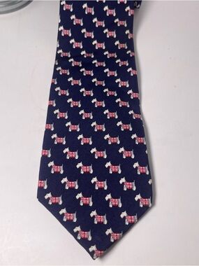 J. Crew Men’s Silk Tie Navy Blue with Red Plaid White Scottie Dog Pattern Preppy